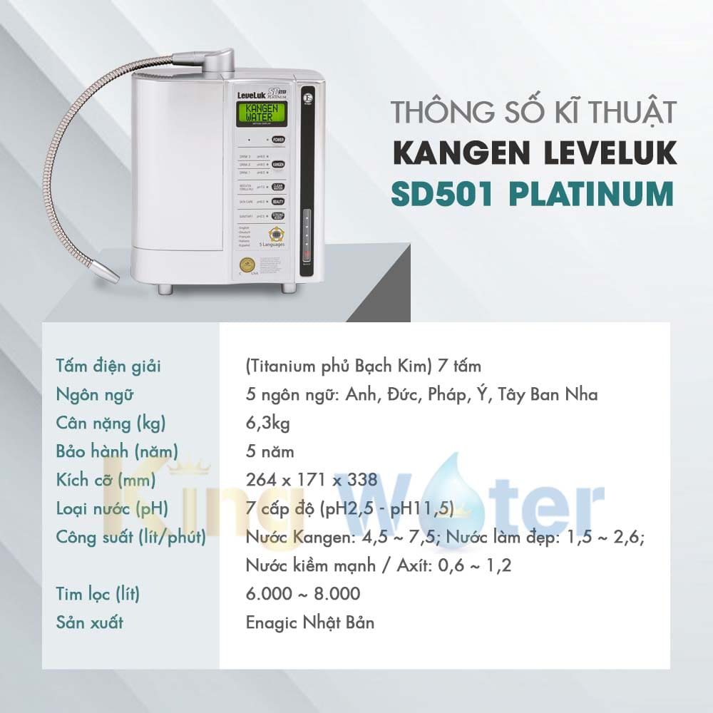 Thông số kĩ thuật máy lọc nước điện giải Kangen Leveluk SD501 Platinum